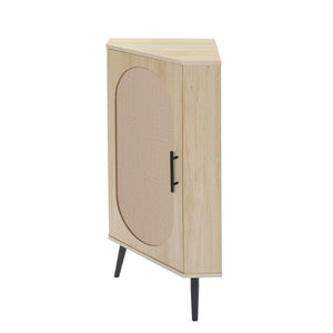 English Elm Corner freestanding rattan cabinet with metal base, slim corner shelf stand for living room space-saving storage and soft-touch black handle Natural W688P160490