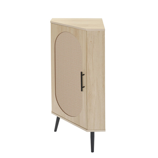 English Elm Corner freestanding rattan cabinet with metal base, slim corner shelf stand for living room space-saving storage and soft-touch black handle Natural W688P160490