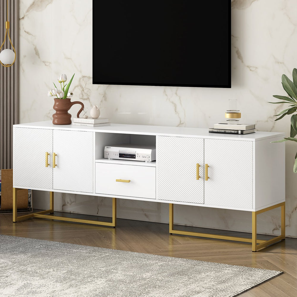 English Elm U-Can Modern TV Stand for TVs up to 70" with 2 Cabinets, Drawer, Shelf, Metal Legs & Anti-Tip Safety N724P198473K