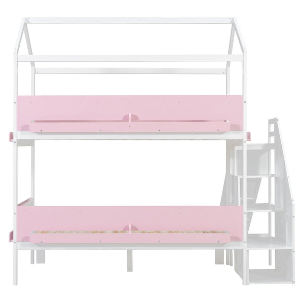 English Elm House-shaped Pine Bunk Bed with Built-in Slide Storage Staircase Twin Over Full Kids Frame White+Pink N820S00082K