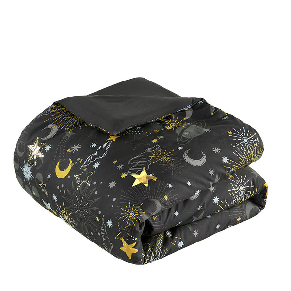 JLA Home Mi Zone Kids - Starry Metallic Comforter Set with Embroidered Round Pillow, Antimicrobial Sparkle for Girls' Room Charcoal/Gold MZK10-272
