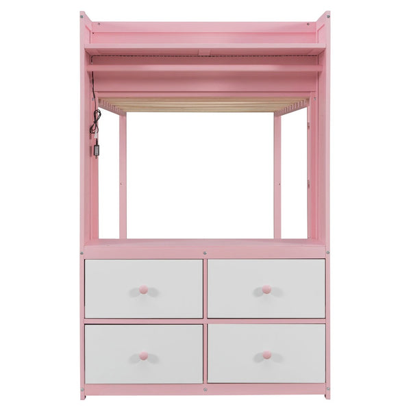 English Elm Twin Bunk Bed with Storage Drawers Hanging Rail Led Shelves and Pegboard Organizer Pink LT000282AAH