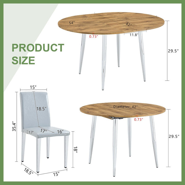 English Elm Table Set Extendable Round to Oval Wood Grain Top with Four Gray Pu Dining Chairs W1151S04833