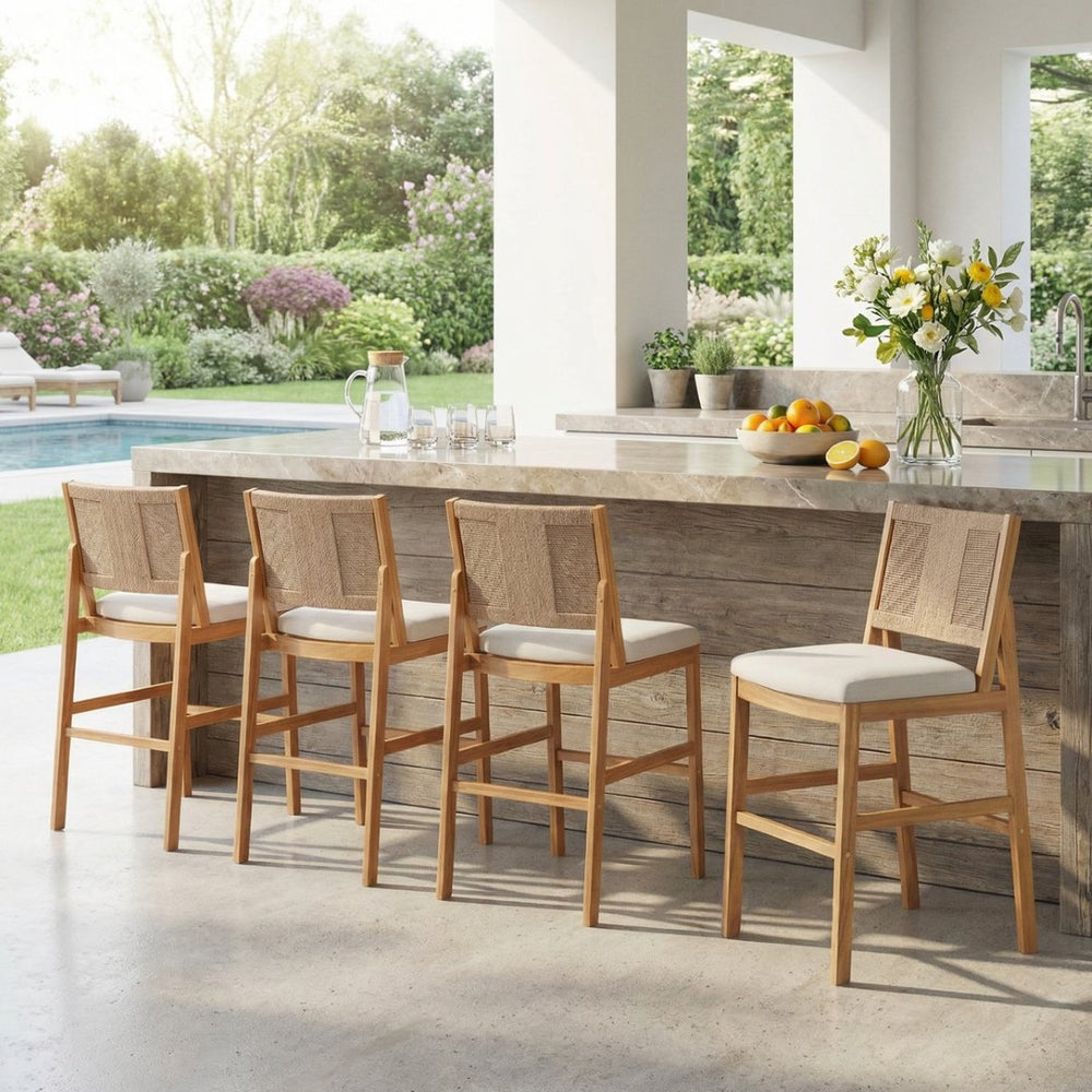 English Elm 4 Piece Outdoor Acacia Wood Wicker Bar Stools Set with Cushioned Patio Seating Cream,Light Brown,Teak N773OB00133B