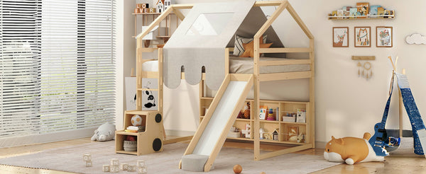 English Elm Full Size Kids House Loft Bed Pinewood Frame with Tent Slide and Play Storage Natural LT000683AAD