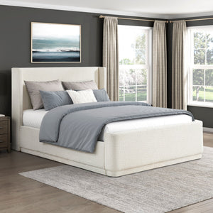 English Elm Beige Wingback Queen Platform Bed with Textured Upholstery, Plywood Frame, Slats Included, No Boxspring Necessary B011S01795