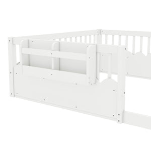 English Elm Queen Low Profile Kids Floor Bed with Guardrails Bookshelf and Pine Wood Frame White W1580P373142