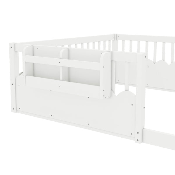 English Elm Queen Low Profile Kids Floor Bed with Guardrails Bookshelf and Pine Wood Frame White W1580P373142