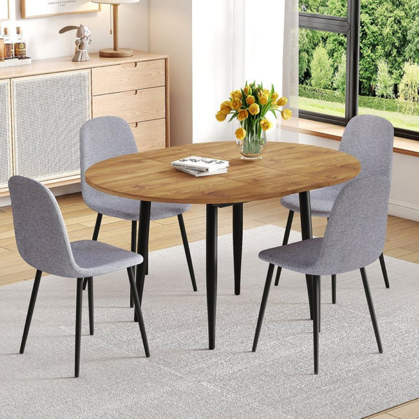 English Elm Table Extendable Round-To-Oval Mdf Dining Set With 4 Light Gray Linen-Cotton Chairs For Gatherings W1151S04142-GIGA