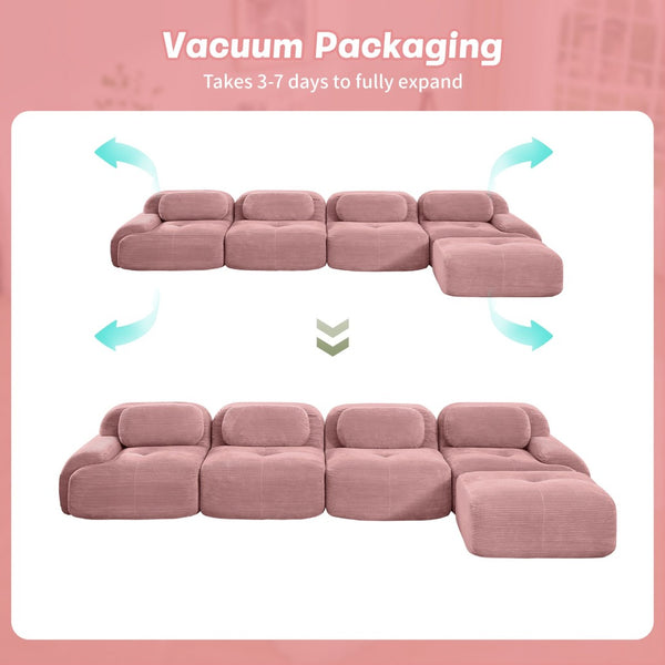 English Elm 4-seat Corduroy Modular Sectional with Wide Armrests and Chaise for Living Rooms W714S01411
