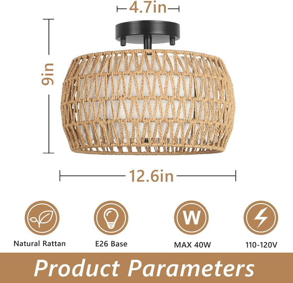 English Elm Boho Ceiling Light Fixture - Rattan & Fabric Semi Flush Mount For Cozy Farmhouse & Modern Spaces W2738P185410