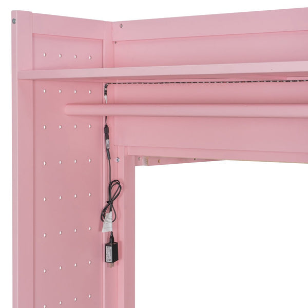 English Elm Twin Bunk Bed with Storage Drawers Hanging Rail Led Shelves and Pegboard Organizer Pink LT000282AAH