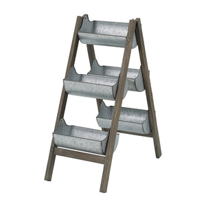 English Elm Farmhouse Foldable Ladder Planter with 5 Galvanized Buckets, Rustic Distressed Wood Vertical Garden Decor W2078P322239