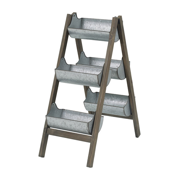English Elm Farmhouse Foldable Ladder Planter with 5 Galvanized Buckets, Rustic Distressed Wood Vertical Garden Decor W2078P322239