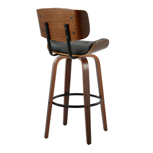 English Elm Lombardi Mid-Century 30" Barstool Set of 2 with Swivel, Tufted Faux Leather Seat and Walnut Backrest Black B202S00610