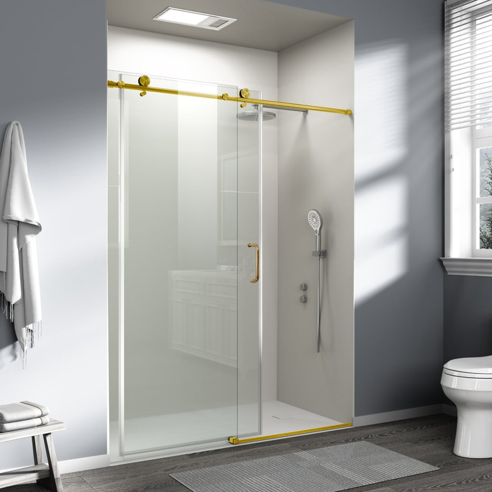 English Elm 56" Frameless Sliding Shower Door Brushed Gold Tempered Glass Walk-in Enclosure W1573P399019