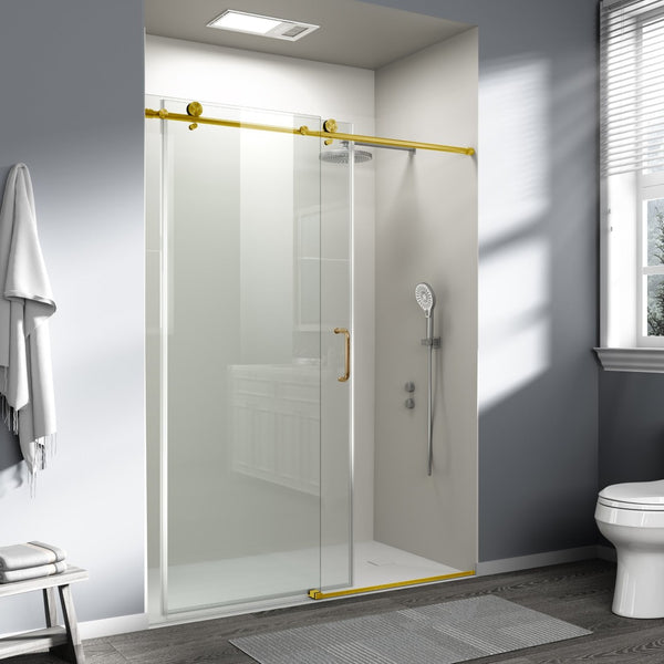 English Elm 56" Frameless Sliding Shower Door Brushed Gold Tempered Glass Walk-in Enclosure W1573P399019