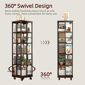 English Elm 5 Tier Rotating Corner Bookcase Rustic Brown Steel Wood Spinning Floor Shelf W2641P399191