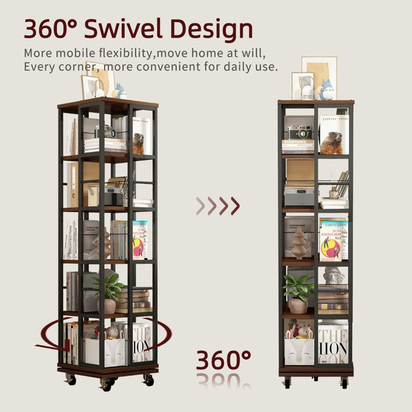 English Elm 5 Tier Rotating Corner Bookcase Rustic Brown Steel Wood Spinning Floor Shelf W2641P399191