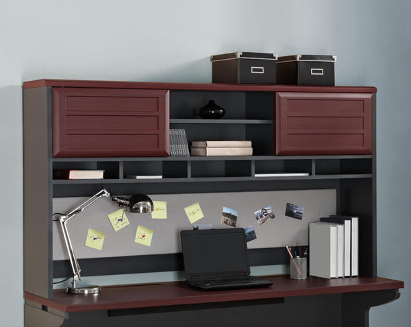 English Elm Pursuit Wall Hutch with Open Cubbies Sliding Doors and Pin Board for Home Office B2733P444605
