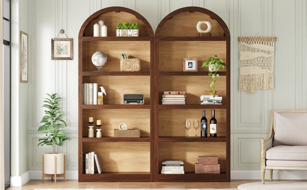English Elm On-trend Farmhouse Two-tone Bookcase Set Arched Fabric Crown Open 5-tier Shelving Walnut N721P411205P