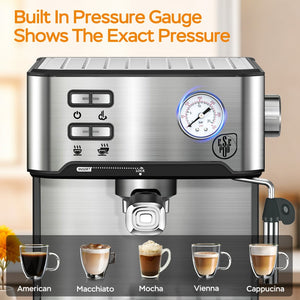 English Elm 20 Bar Stainless Steel Espresso Machine with Steam Wand for Home Barista Brewing W1002P292428