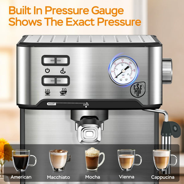 English Elm 20 Bar Stainless Steel Espresso Machine with Steam Wand for Home Barista Brewing W1002P292428