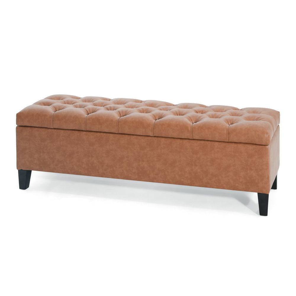 English Elm Christopher Knight Home® - Upholstered Button Tufted Storage Ottoman with Diamond Stitch PU, Birch Legs, Spacious 52" Bench Seat N757P245683T