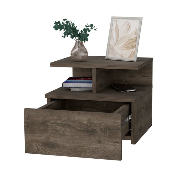 English Elm Augusta Floating Nightstand with Wall-Mount Drawer and 2-Tier Shelf — Space-Saving Modern Storage Options B128P148657