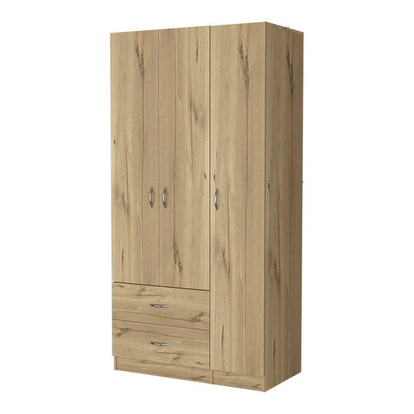 English Elm Eureka Light Oak Three-Door Armoire with Two Drawers, Closet Rod & Adjustable Shelves 70.8"H B128S00084