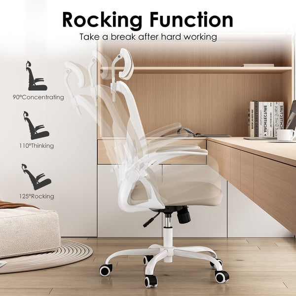 English Elm Ergonomic Office Chair With Adjustable Lumbar Support, Headrest & Space-Saving Design In White & Khaki T3623P380924