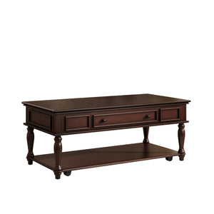 English Elm Farmhouse Retro Coffee Table with Lockable Wheels, One Drawer & Lower Shelf, Solid Wood Legs, Durable Finish Espresso N721P307935P