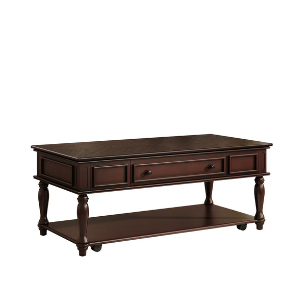 English Elm Farmhouse Retro Coffee Table with Lockable Wheels, One Drawer & Lower Shelf, Solid Wood Legs, Durable Finish Espresso N721P307935P