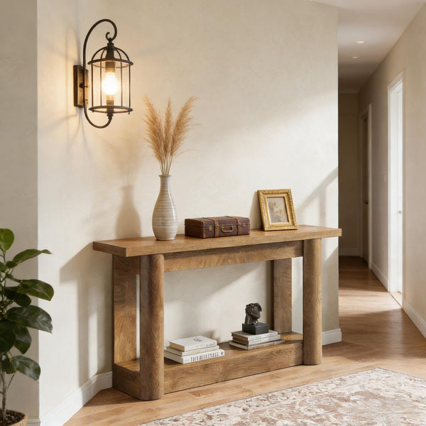 English Elm Practical Geometric Console Table with Matte Black Wood Grain Finish for Entryway or Sofa T3971P453068