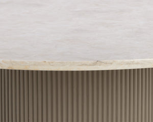 Sunpan Cataldi 59" Dining Table - Elegant Taupe Faux Leather & Polished Beige Marble with Gold Trim Design