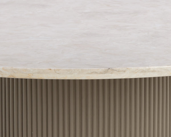 Sunpan Cataldi 59" Dining Table - Elegant Taupe Faux Leather & Polished Beige Marble with Gold Trim Design