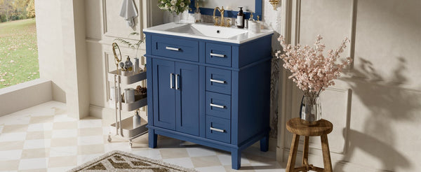 English Elm 30" Freestanding Bathroom Vanity Ceramic Sink Soft Close Cabinet Gray Wood Frame Blue N729P427118C