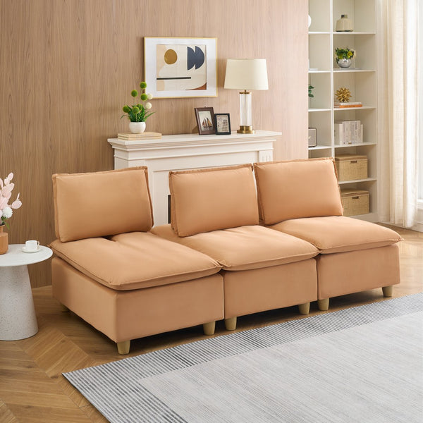 English Elm 88-inch minimalist modern three-seater velvet sofa with movable seats, solid wood frame, 500lb capacity Light Brown W1658S00126