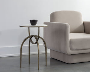 Sunpan Alicent End Table - Stunning Round Marble Top with Antique Brass Iron Base, Handcrafted Elegance White Marble