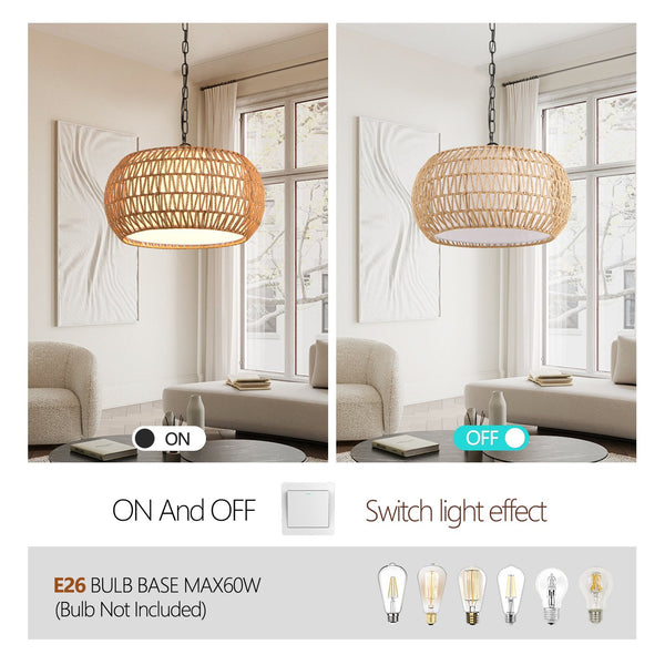 English Elm 18" Farmhouse Pendant Light - Handwoven Jute Rope Shade, Adjustable Chain, Warm Rustic Glow W2312P368681