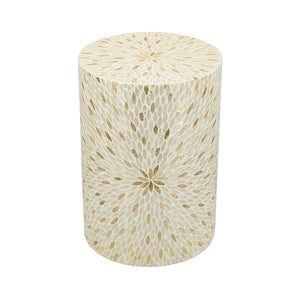 English Elm 14x14x20" Decorative Drum Stool with Starburst Capiz Shell Inlay for Elegant Living Rooms Cream,Gold+White W2078P326501