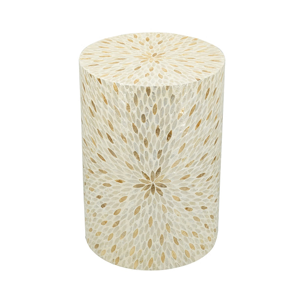 English Elm 14x14x20" Decorative Drum Stool with Starburst Capiz Shell Inlay for Elegant Living Rooms Cream,Gold+White W2078P326501