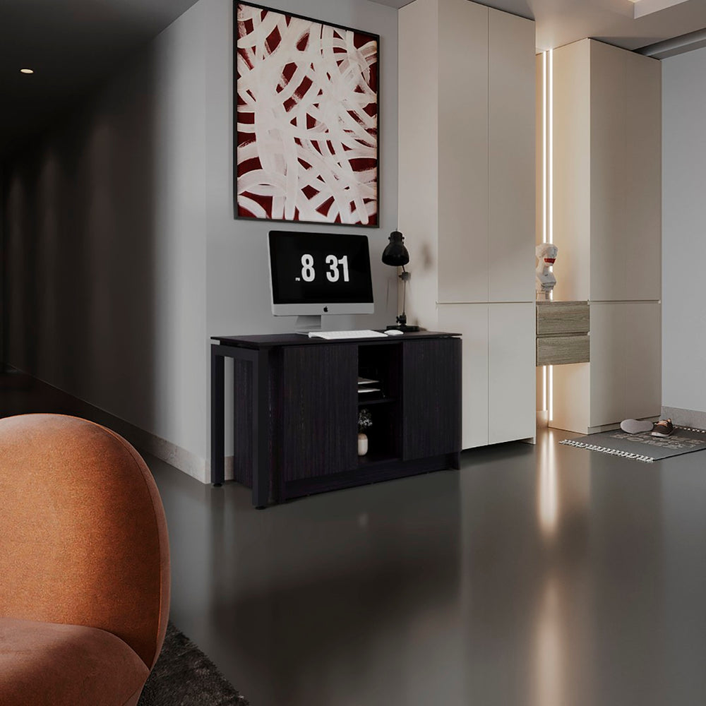 English Elm Alfie Rotating Engineered Wood Desk with Walnut Finish and Dual Monitor Storage B200S00450