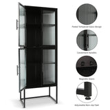 English Elm Stylish 4-Door Tempered Glass Cabinet With 4 Glass Doors Adjustable Shelves U-Shaped Leg Anti-Tip Dust-Free Fluted Glass Kitchen Credenza Black