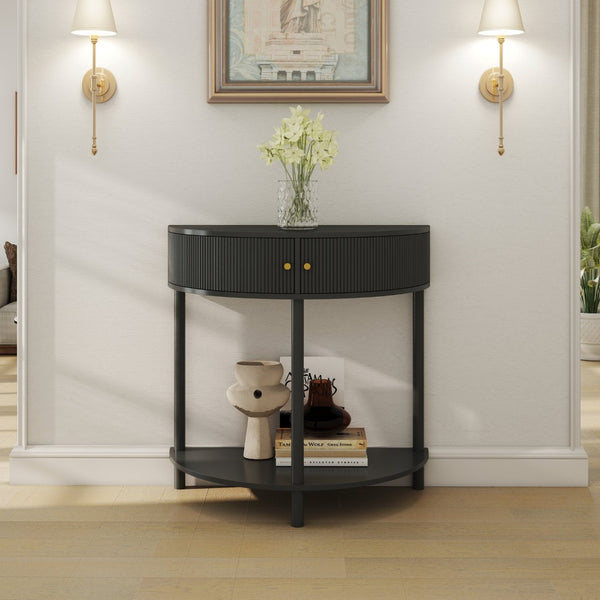 English Elm Artisan-crafted Demi-lune Console Sculptural Wave Drawers Vanilla Lacquer Hallway Accent Dark Gray W2557P329371