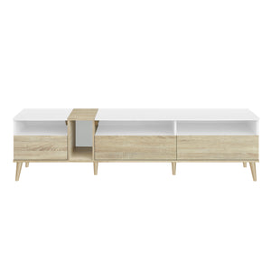 English Elm Modern TV Stand with 3 Drawers & 4 Open Shelves, 80" Media Console White+Wood, Cable Management, P2 Board N710P234108K