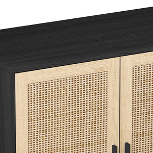 English Elm 62.20"Elegant 4-Door Rattan Storage Cabinet with Solid Wood Legs, Black, Spacious Shelves & Easy Assembly W757P174987