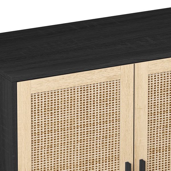 English Elm 62.20"Elegant 4-Door Rattan Storage Cabinet with Solid Wood Legs, Black, Spacious Shelves & Easy Assembly W757P174987