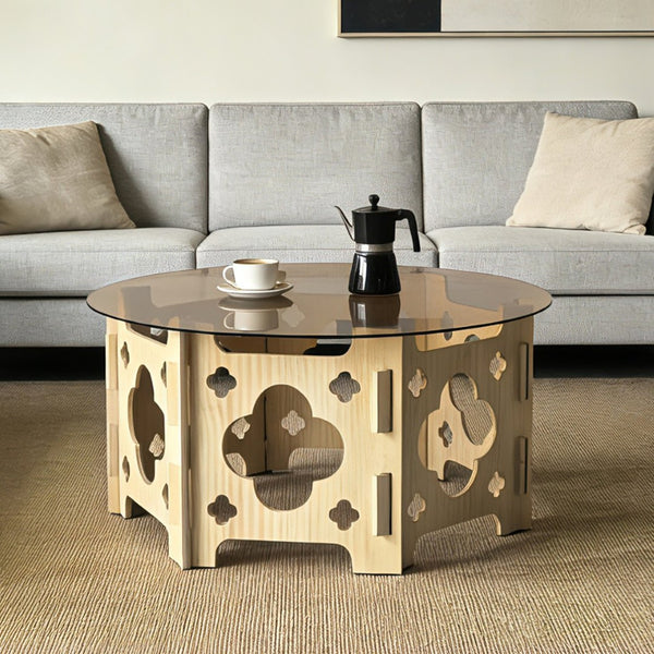 English Elm Round Carved Wood Base Coffee Table with Tea Glass Top for Modern Living Rooms W3935P481195