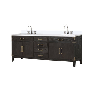 English Elm Brown Oak Double Bath Vanity With White Quartz Top & Chrome Faucet Set - Elegant Storage Solution B2731P259967